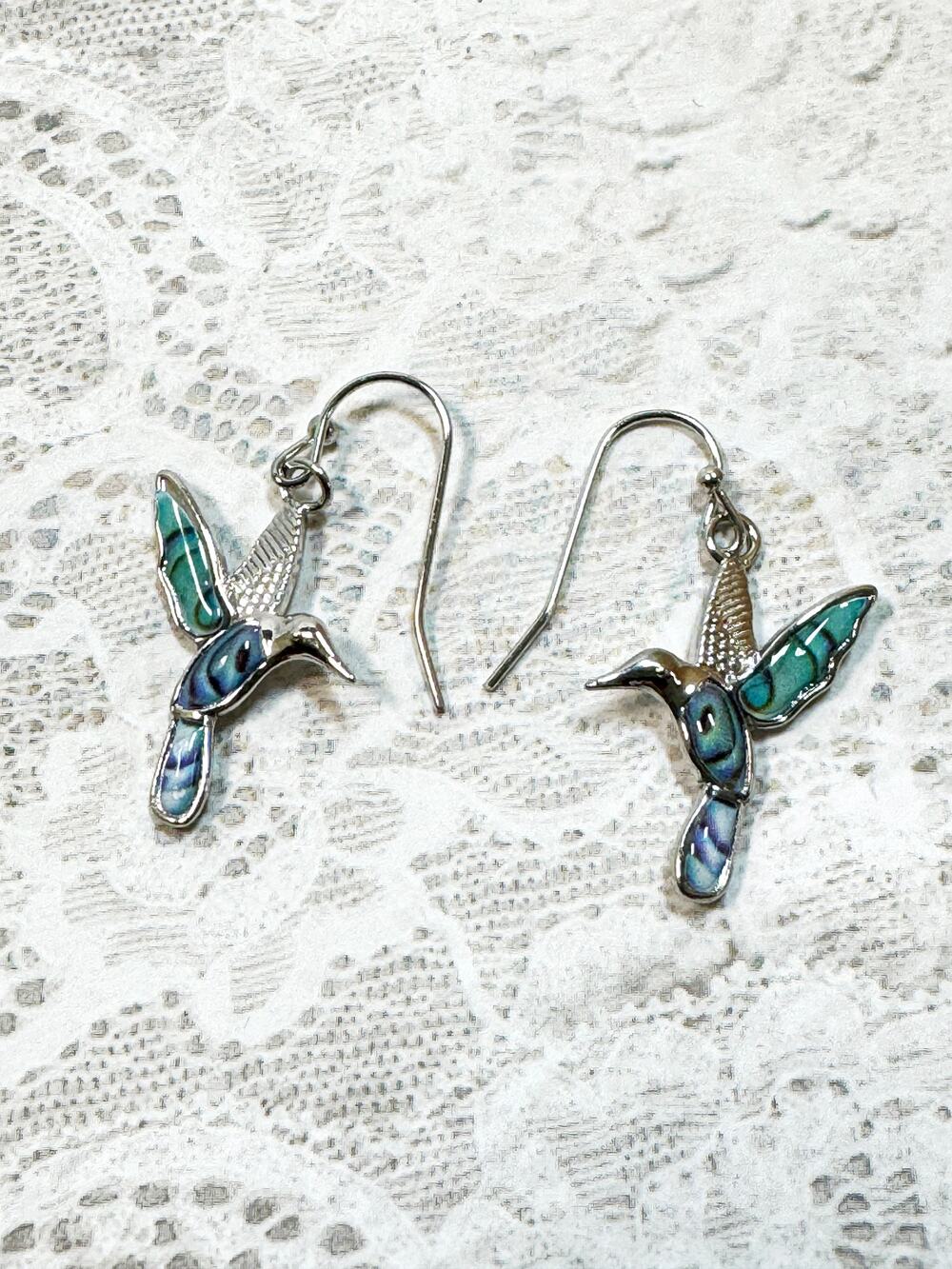 Silver Tone Turquoise Hummingbird Drop Earrings 2 Inch Dangle Bird E295